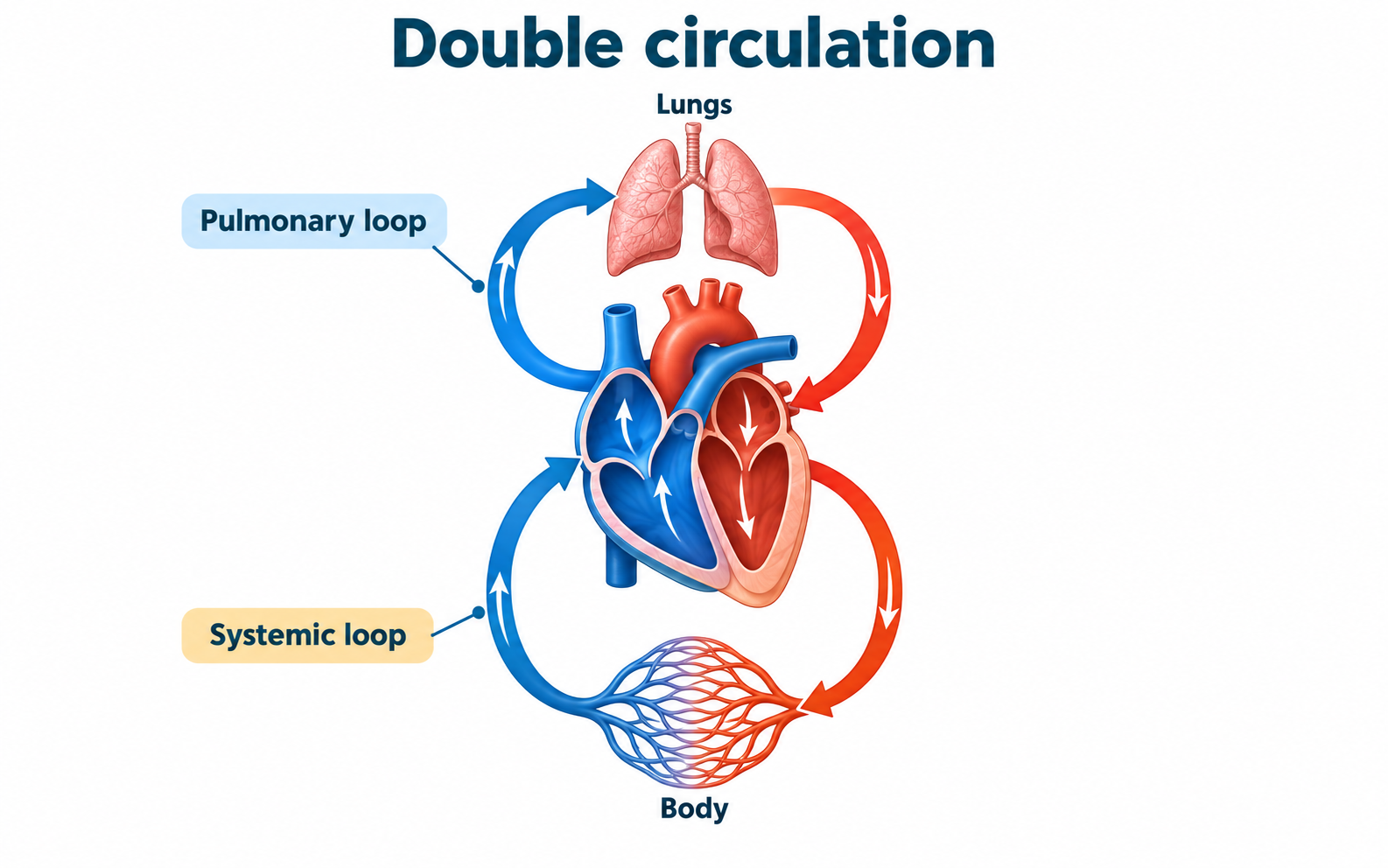 Double circulation route from right heart to lungs to left heart to body and back to right heart