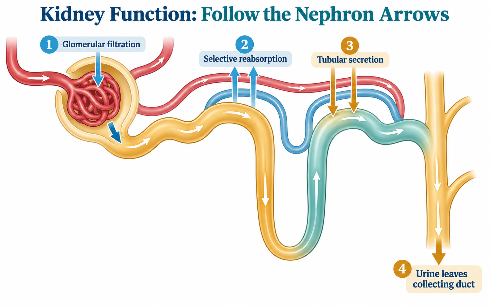 Simplified nephron showing filtration, selective reabsorption, secretion, and urine flow directions