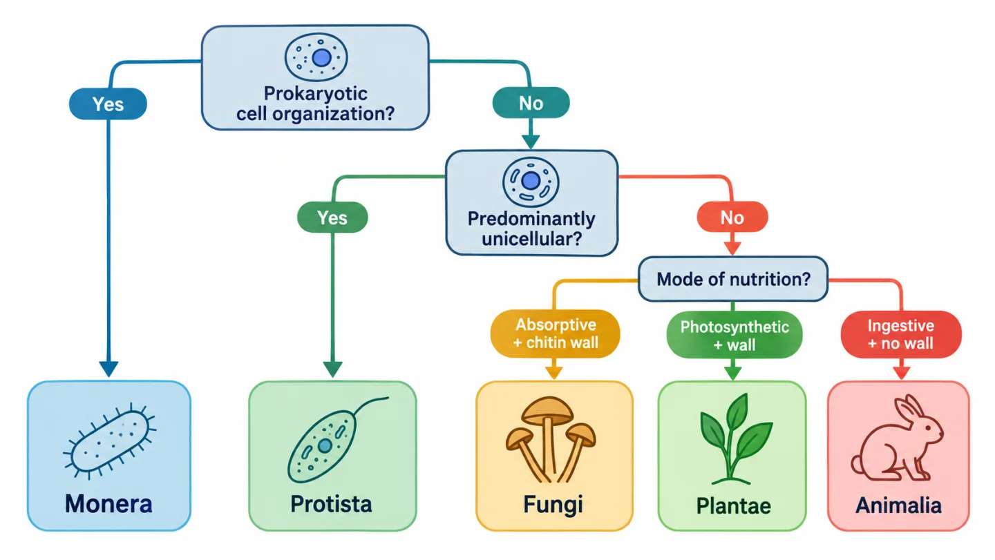 Decision map separating Monera, Protista, Fungi, Plantae and Animalia by cell organisation and mode of nutrition