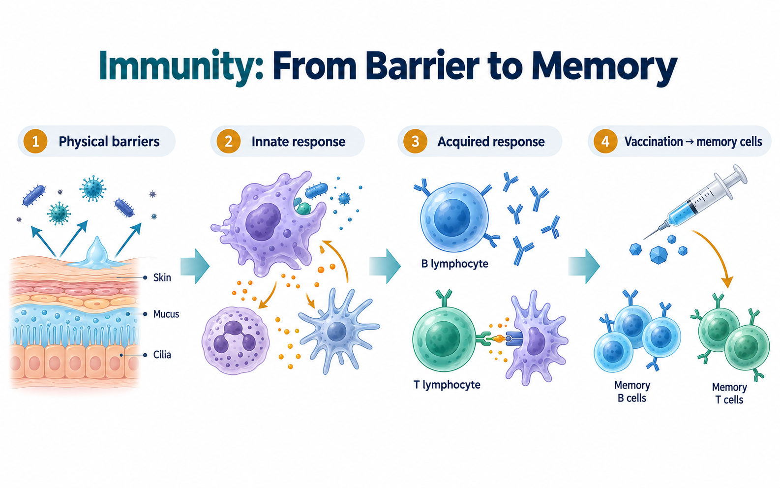 Progression from physical barriers through innate and acquired immunity to vaccination-associated memory cells